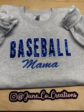 Gildan Gray Sweatshirt with Blue Sequin "BASEBALL" and Blue Script